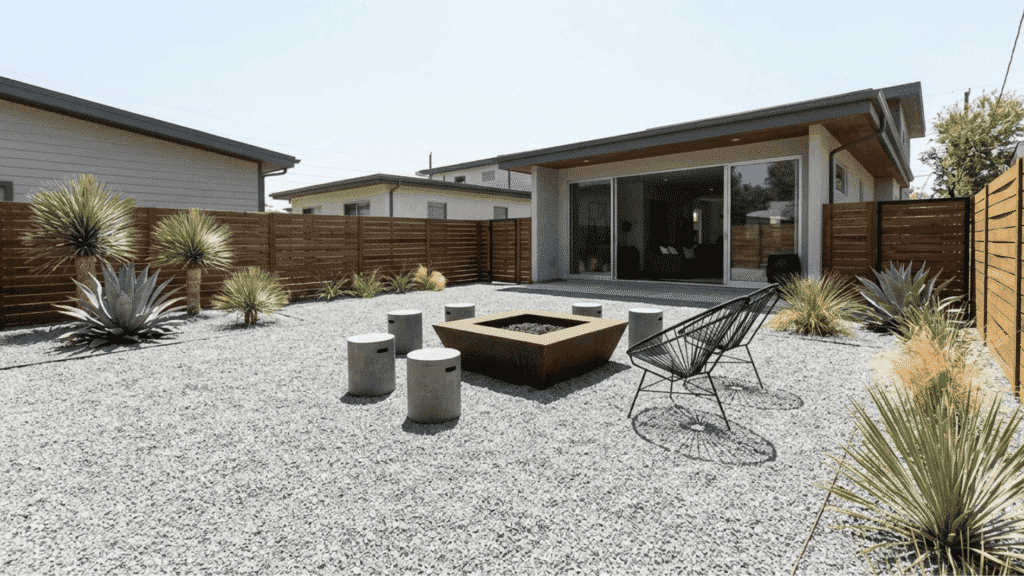 modern desert backyard fire pit minimalist landscaping gravel yard xeriscape contemporary outdoor design