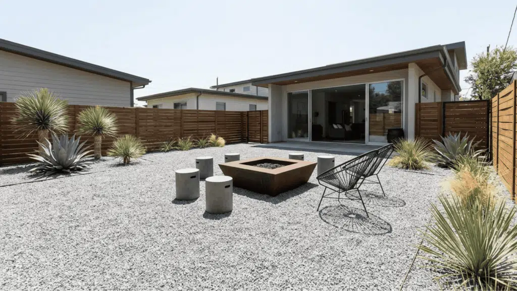 modern desert backyard fire pit minimalist landscaping gravel yard xeriscape contemporary outdoor design