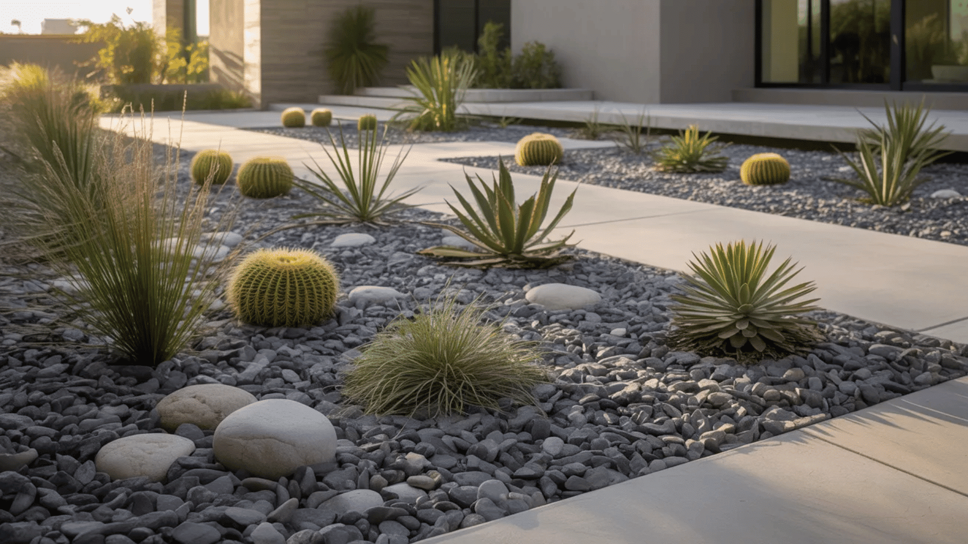 modern desert landscaping with gravel succulents cacti and agave plants arranged along a minimalist front walkway