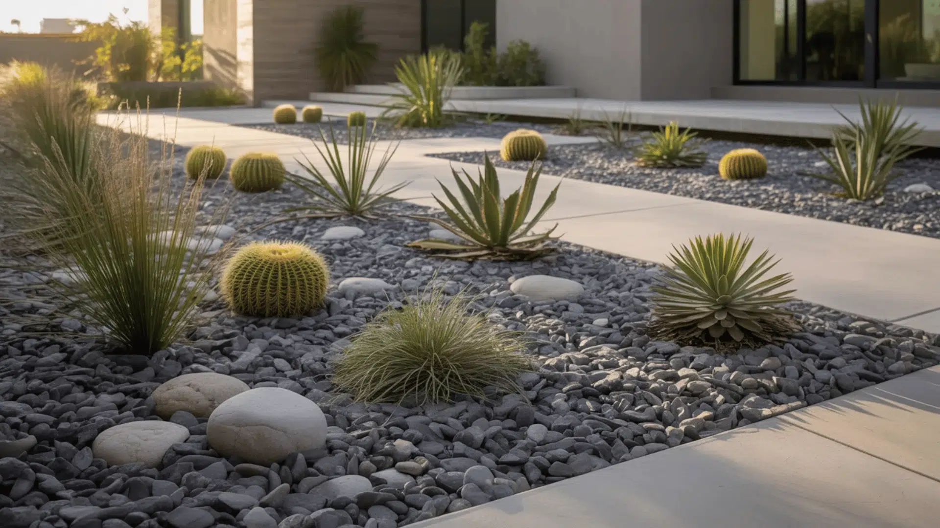 modern desert landscaping with gravel succulents cacti and agave plants arranged along a minimalist front walkway