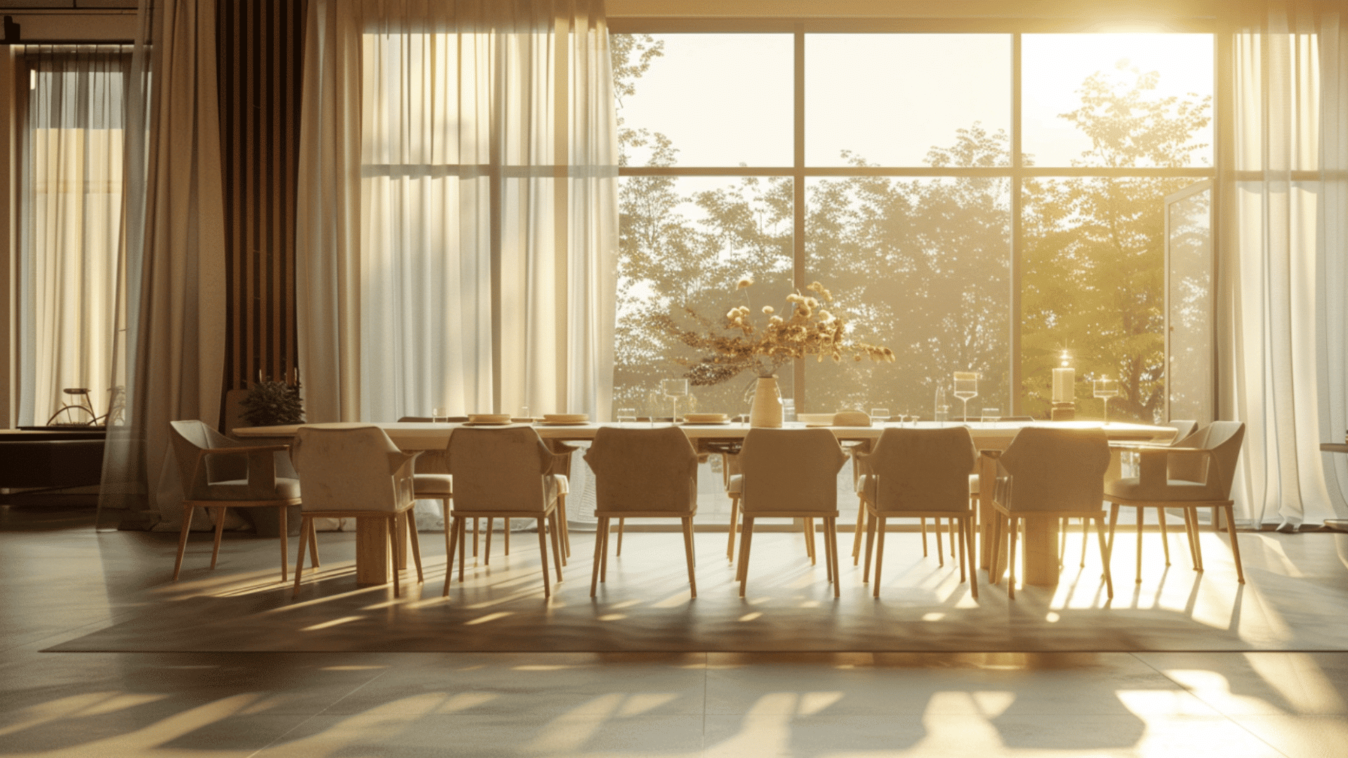 modern dining room with long table, chairs, and large windows with sunlight streaming through curtains