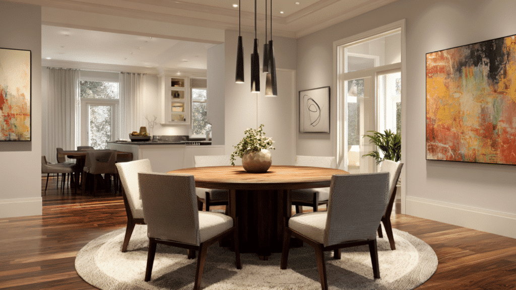 modern dining room with round wooden table upholstered chairs pendant lights abstract wall art and open kitchen in background