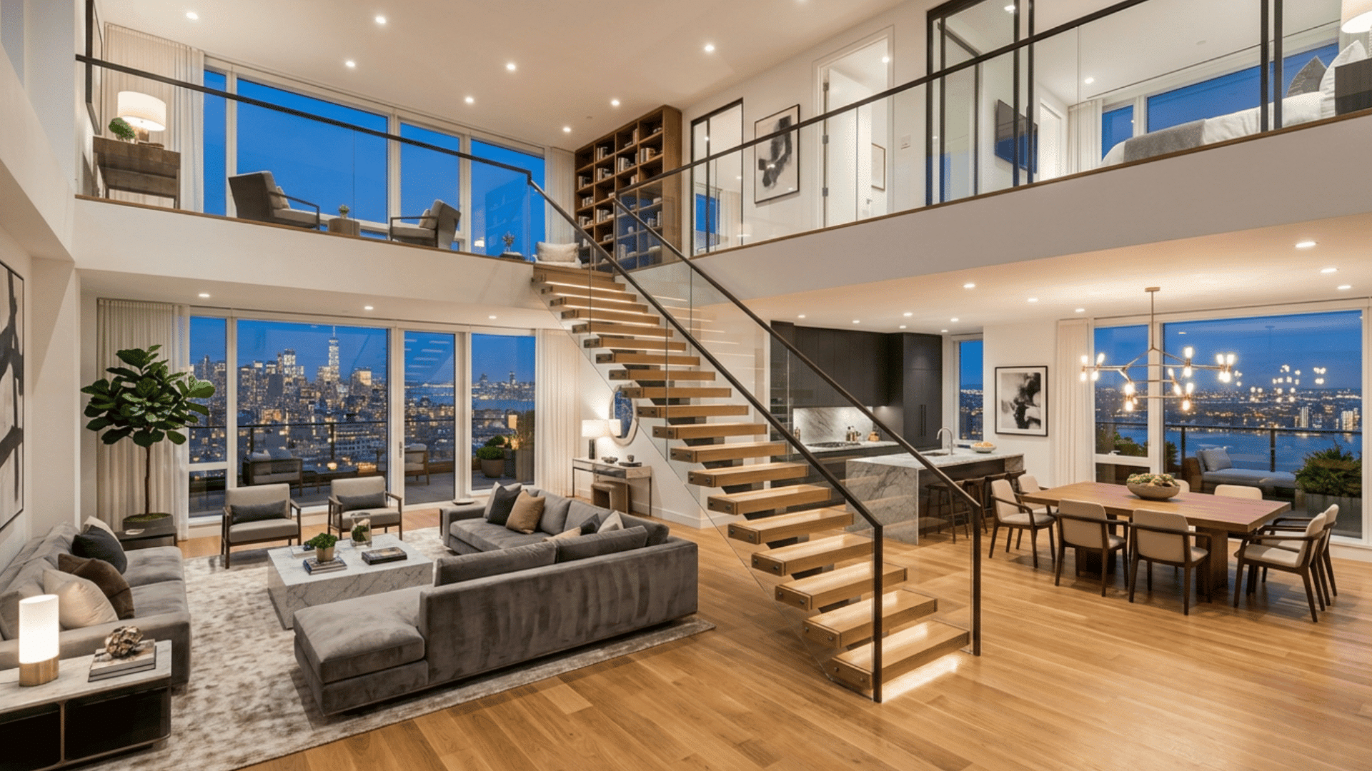 modern duplex penthouse with staircase, two levels, open living area, and bright interior design