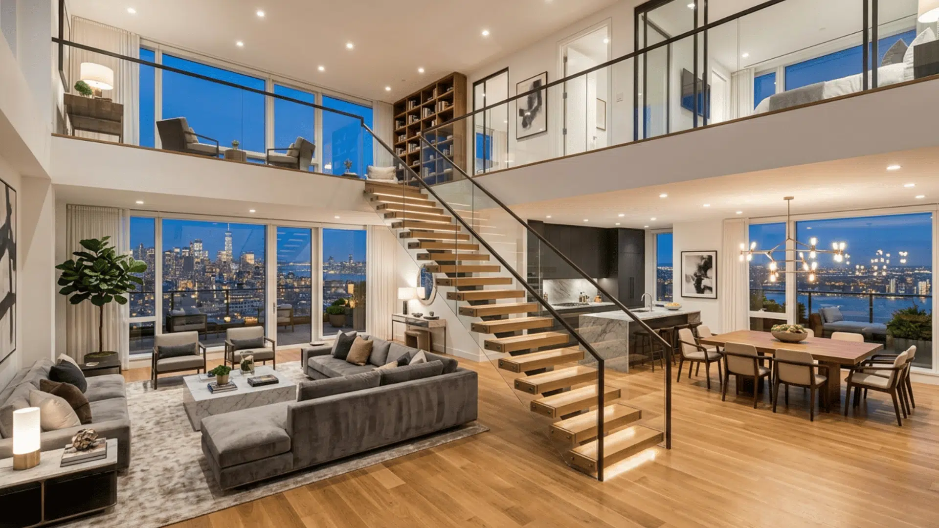 modern duplex penthouse with staircase, two levels, open living area, and bright interior design