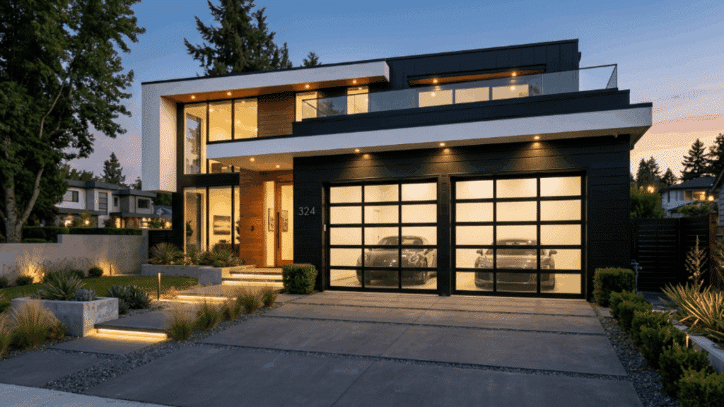 modern exterior with glass panel garage door that blends smoothly into the contemporary house design