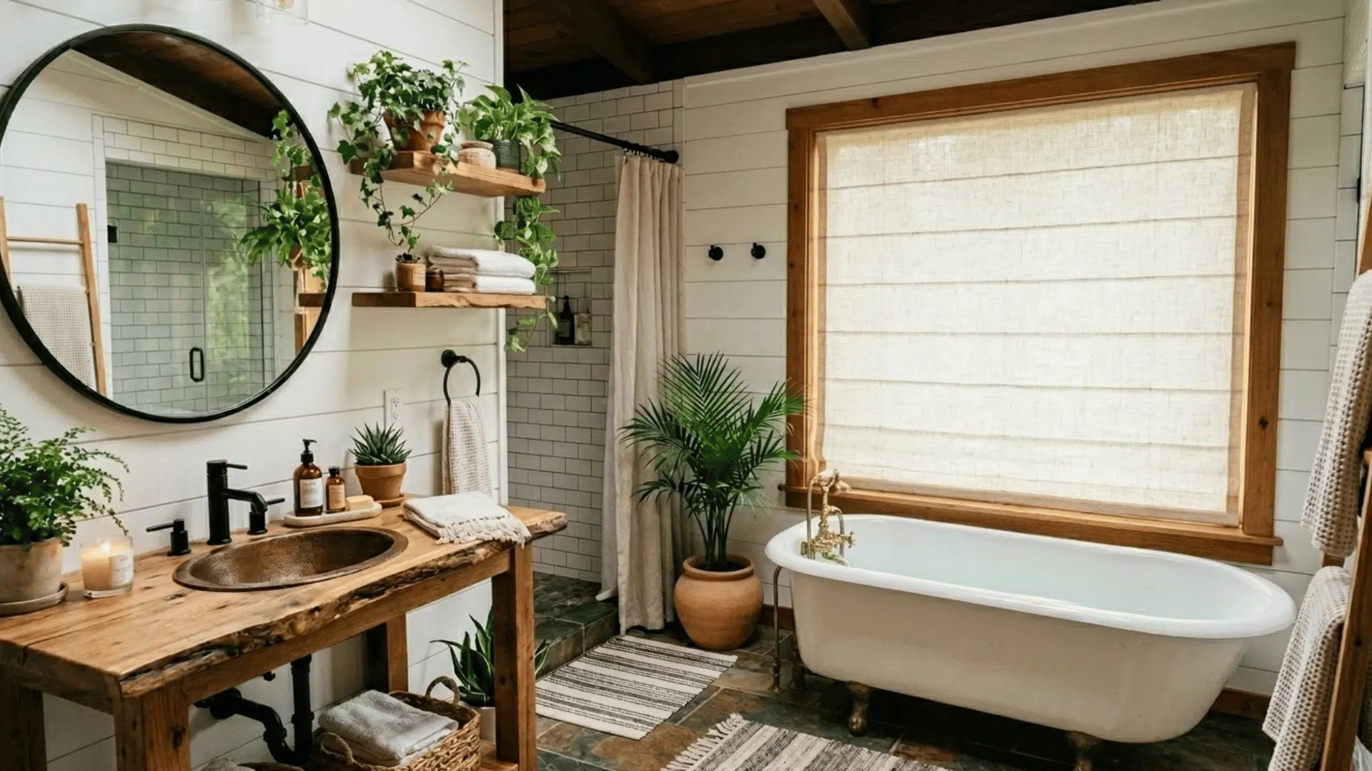 modern farmhouse bathroom with double sink vanity and open wood storage. (3)