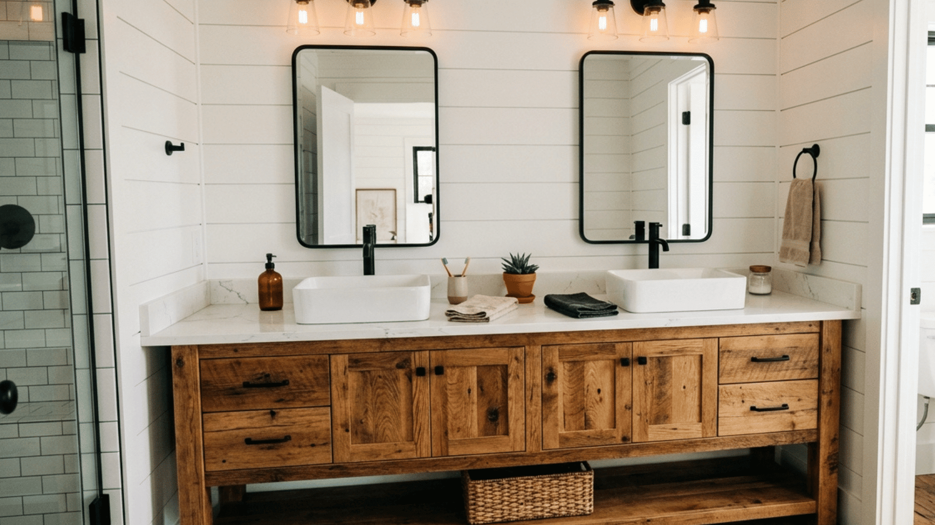 modern farmhouse bathroom with double sink vanity and open wood storage. (1)