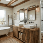 modern farmhouse bathroom with double vanity, glass shower, and freestanding tub.