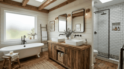 modern farmhouse bathroom with double vanity, glass shower, and freestanding tub.