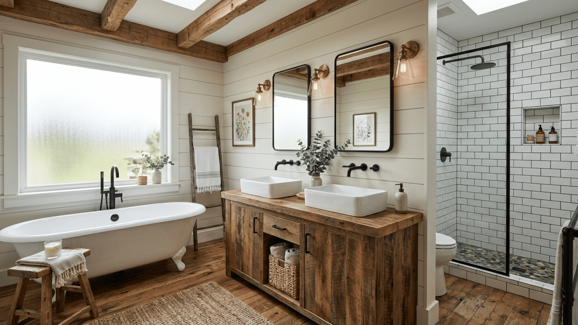 modern farmhouse bathroom with double vanity, glass shower, and freestanding tub.