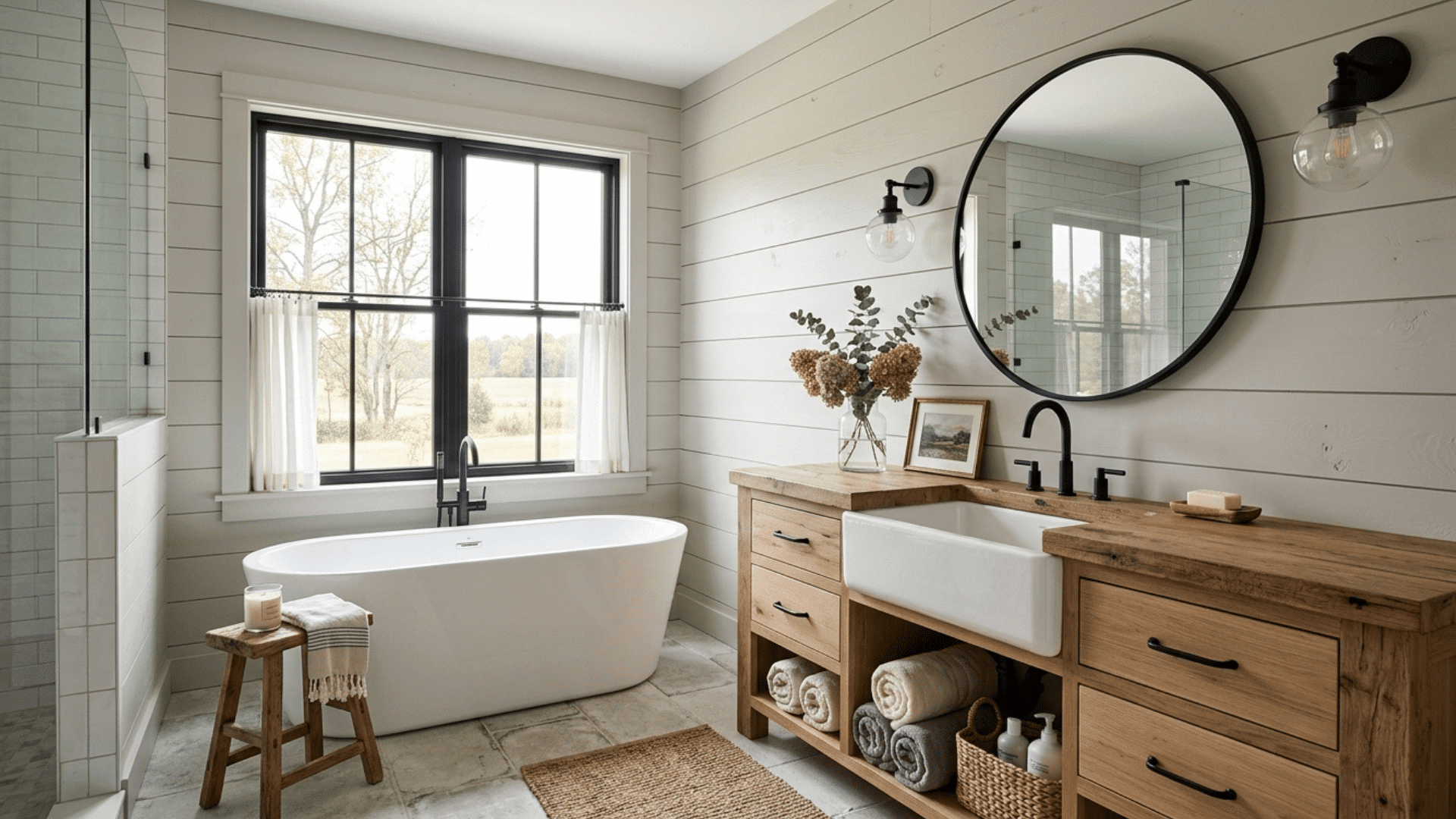 modern farmhouse bathroom with freestanding tub, wood vanity, and large window.