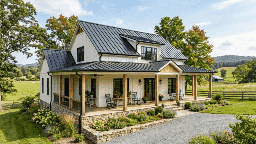 modern farmhouse with white siding natural stone foundation black roof large porch sunny countryside