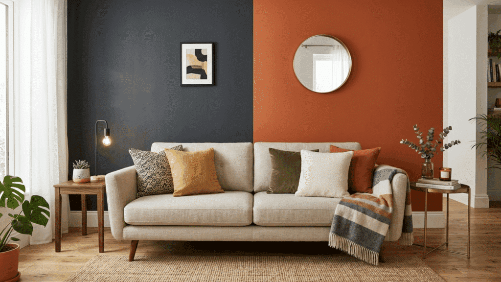 modern feature wall split vertically into two contrasting colors behind a sofa in a contemporary living room