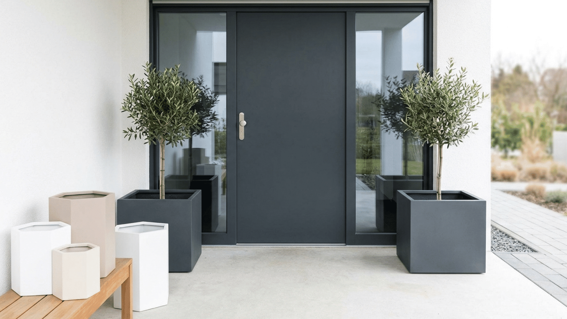 modern front door with geometric planter, metal accents, and clean lines. (1)