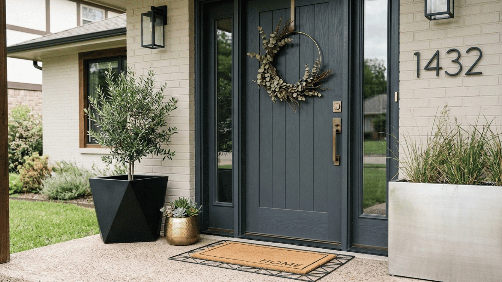 modern front door with geometric planter, metal accents, and clean lines.