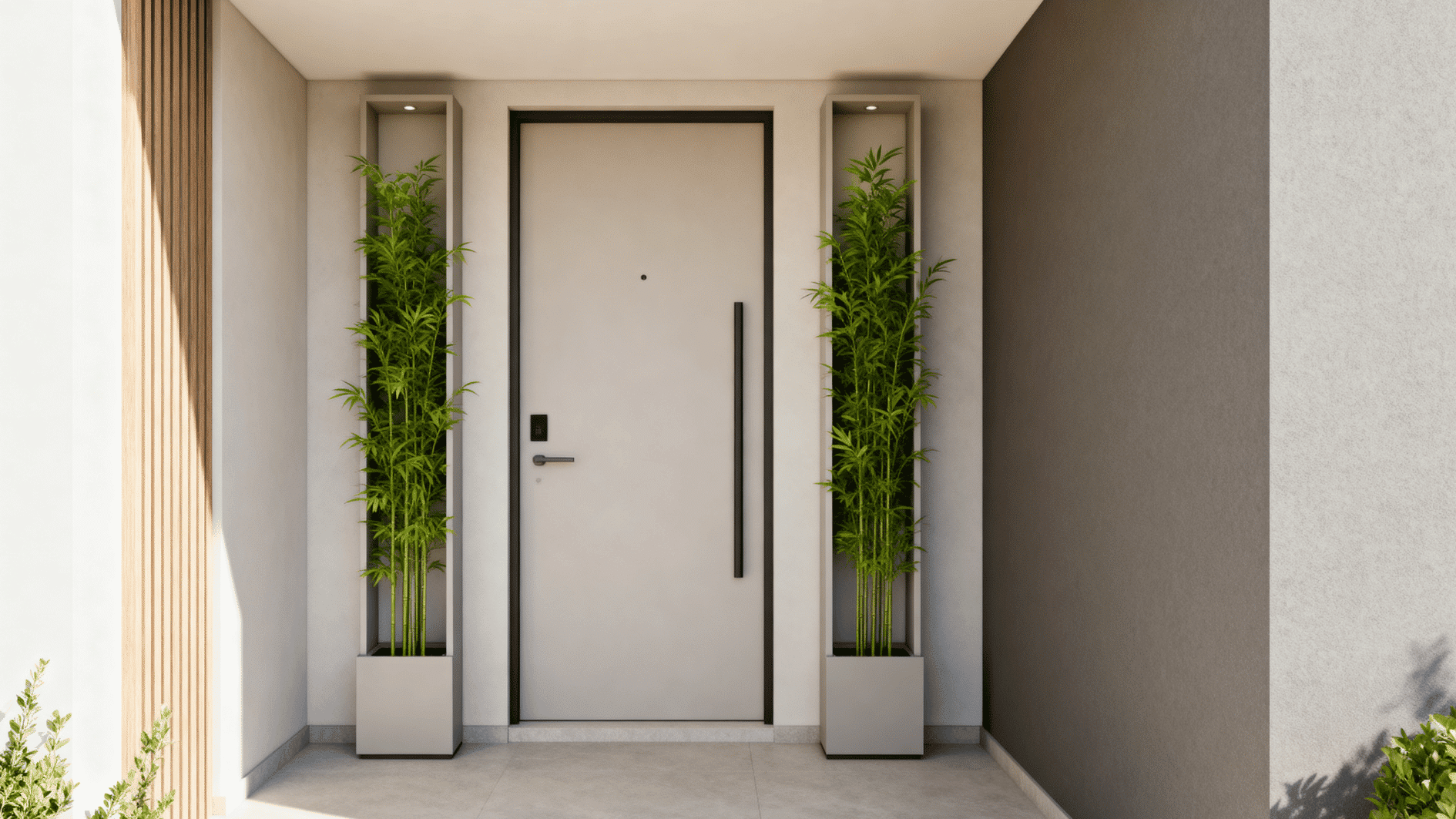 modern front door with slim vertical planters on both sides, tall green plants in narrow pots, clean minimalist entryway design