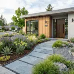 modern front yard with curved stone pathway, gravel beds, and mixed low-maintenance plants arranged in a clean and structured layout