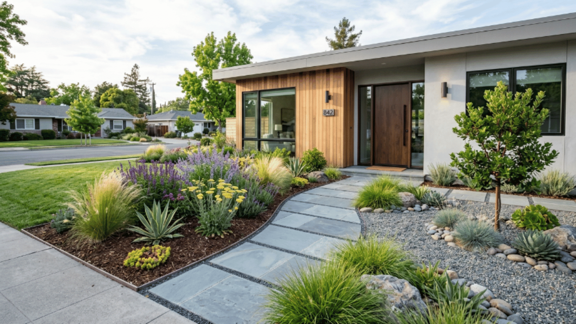 modern front yard with curved stone pathway, gravel beds, and mixed low-maintenance plants arranged in a clean and structured layout