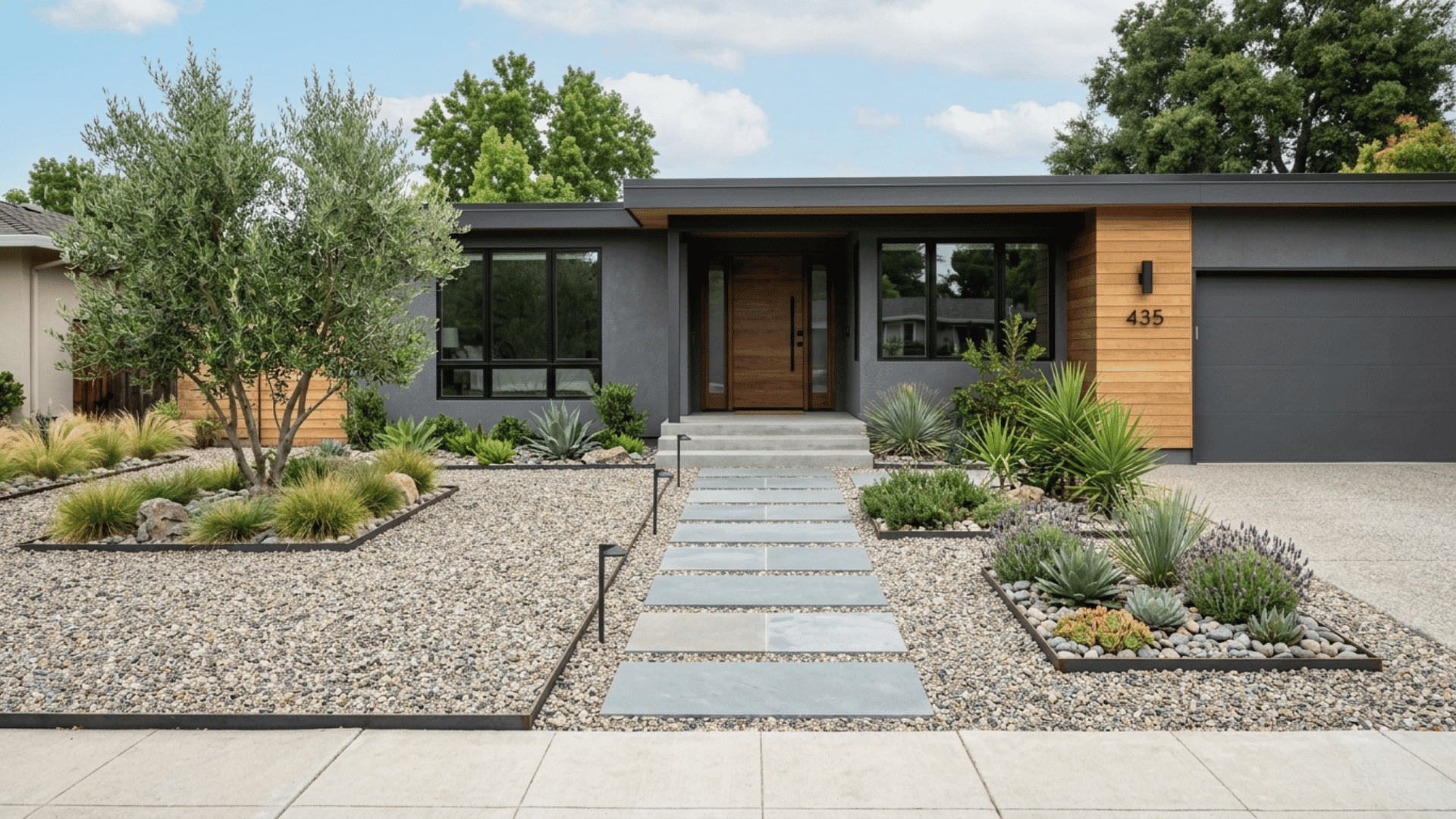 modern front yard with gravel landscaping, concrete stepping stones, drought-tolerant plants, and contemporary home exterior with clean lines (1)