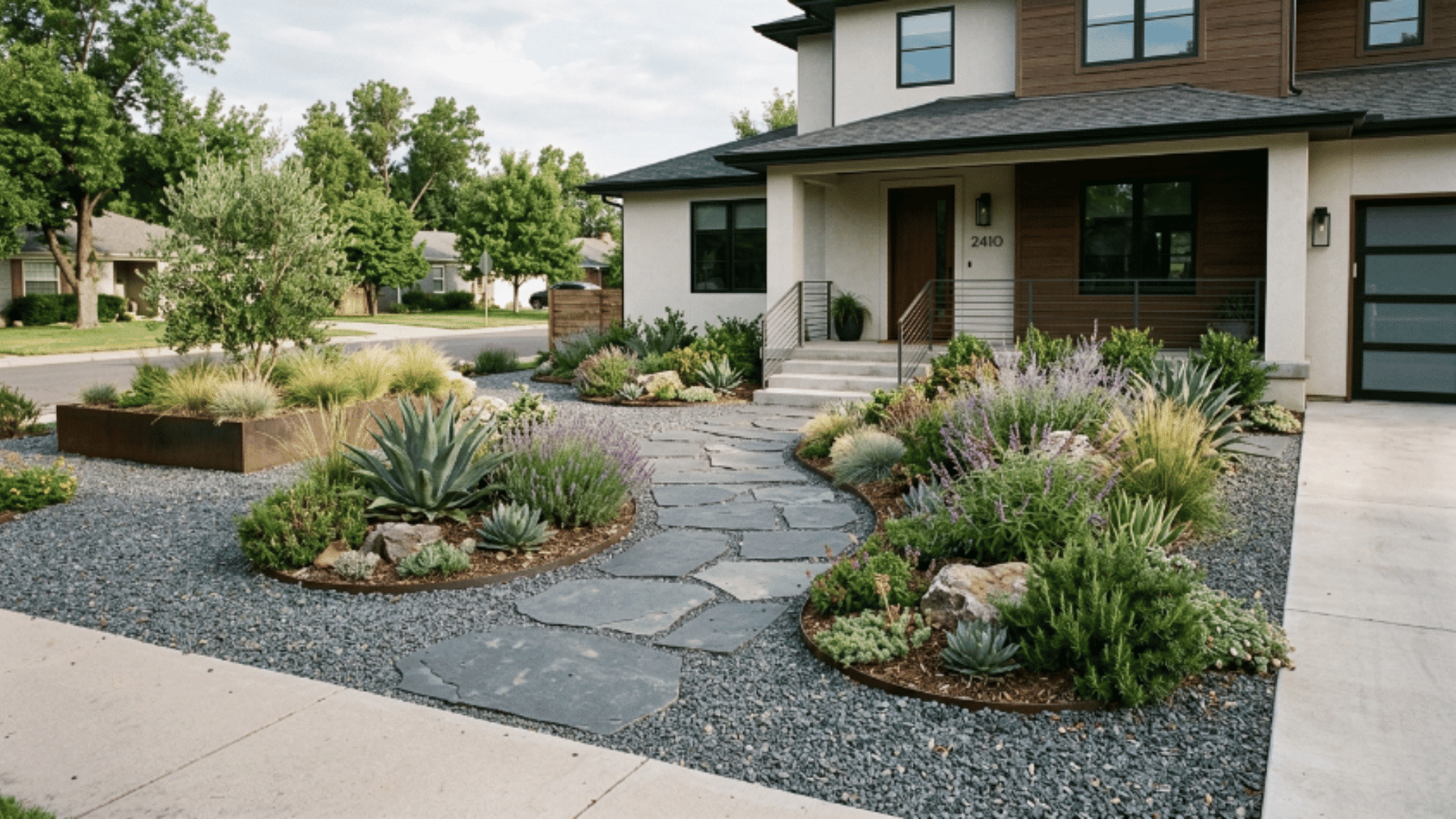 modern front yard with gravel, stone pathway, and drought-tolerant plants arranged in a clean and structured layout