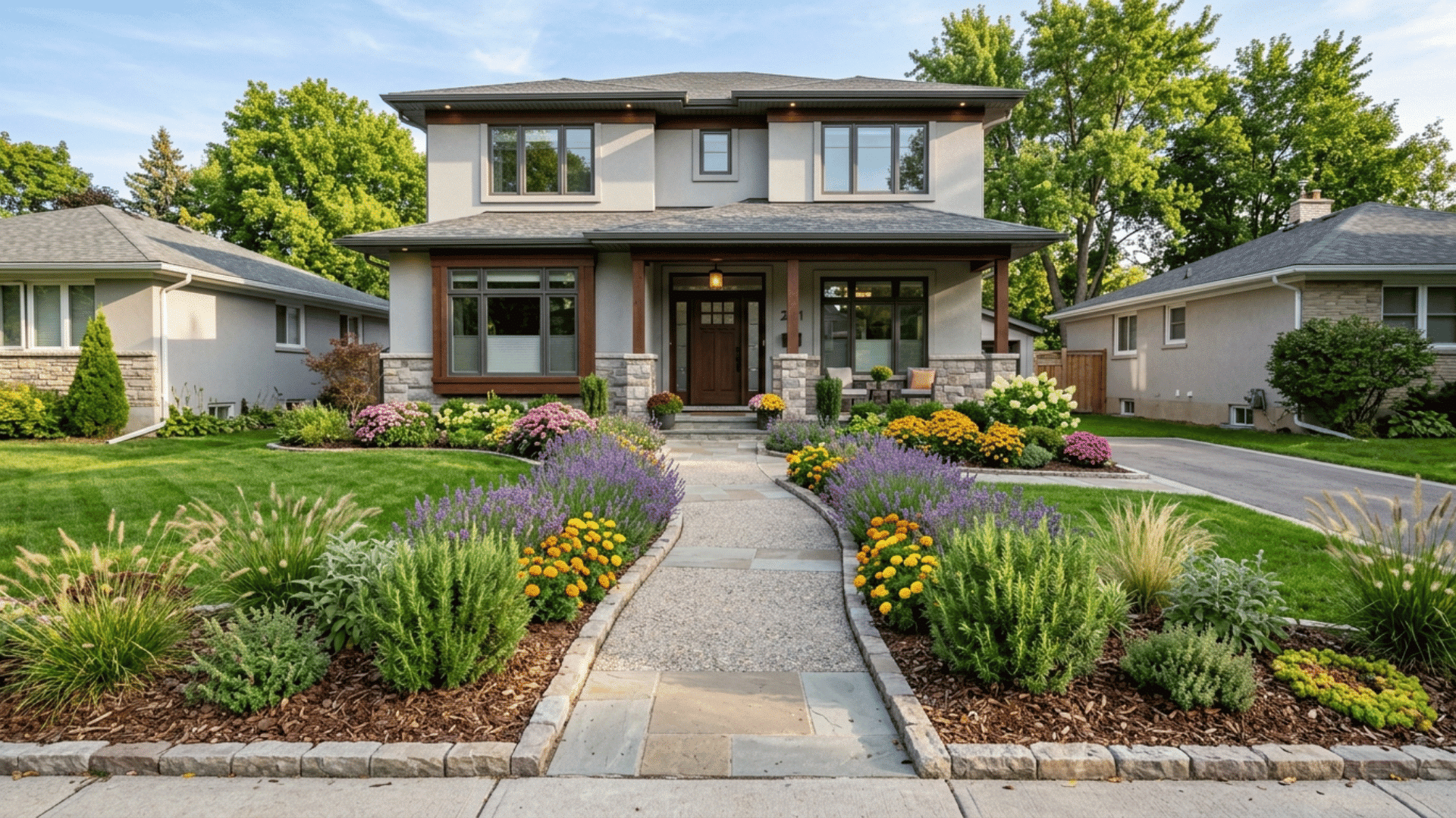 modern front yard with landscaped garden, stone pathway, colorful flowers, low-maintenance plants, and a two-story suburban home exterior (1)