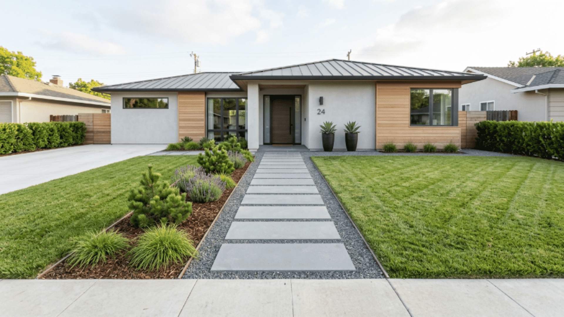 modern front yard with simple layout, clean stone pathway, lawn, and minimal planting creating an organized and easy-to-maintain design