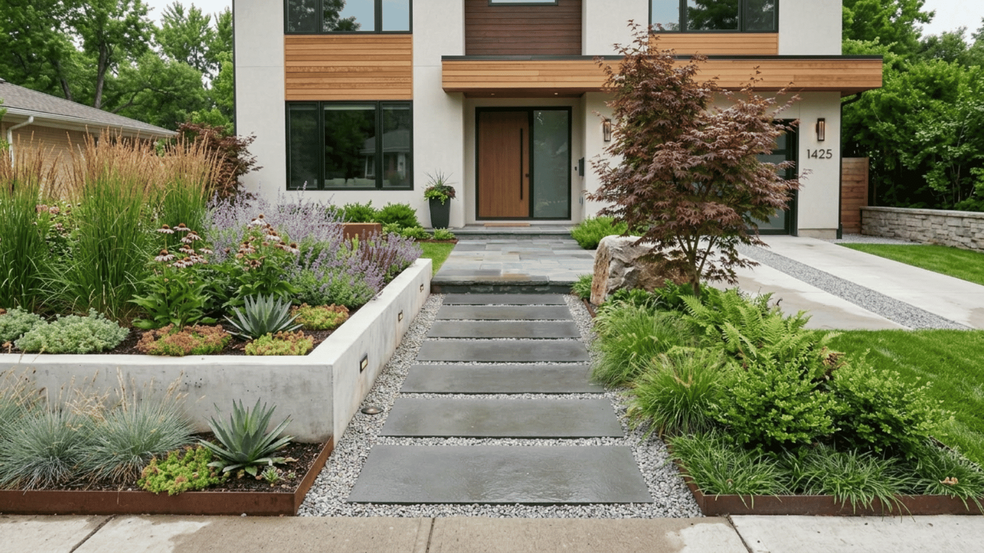 modern front yard with stone steps, raised beds, mixed plants, and clean layout, creating a structured low-maintenance design (2)