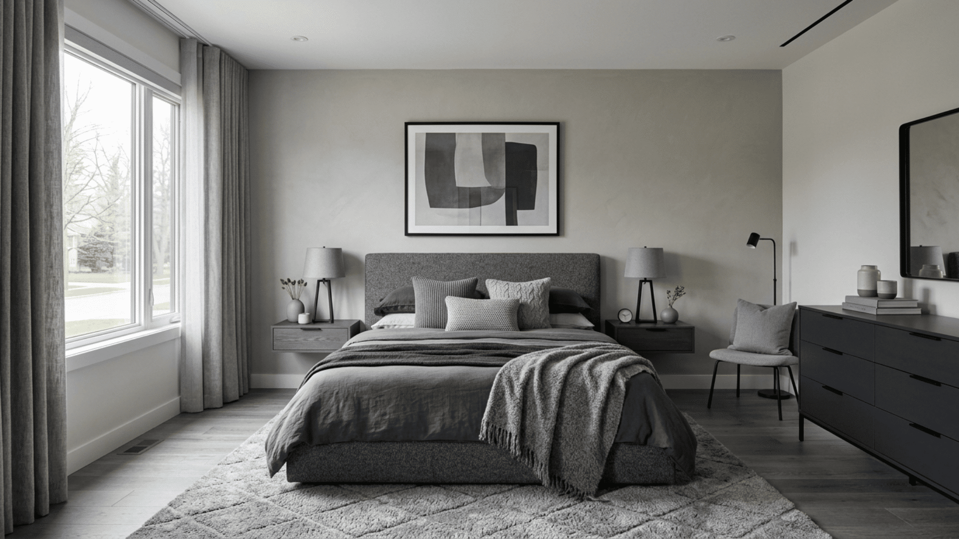 modern gray bedroom with upholstered bed, layered bedding, matching nightstands, soft lighting, and large window bringing in natural light