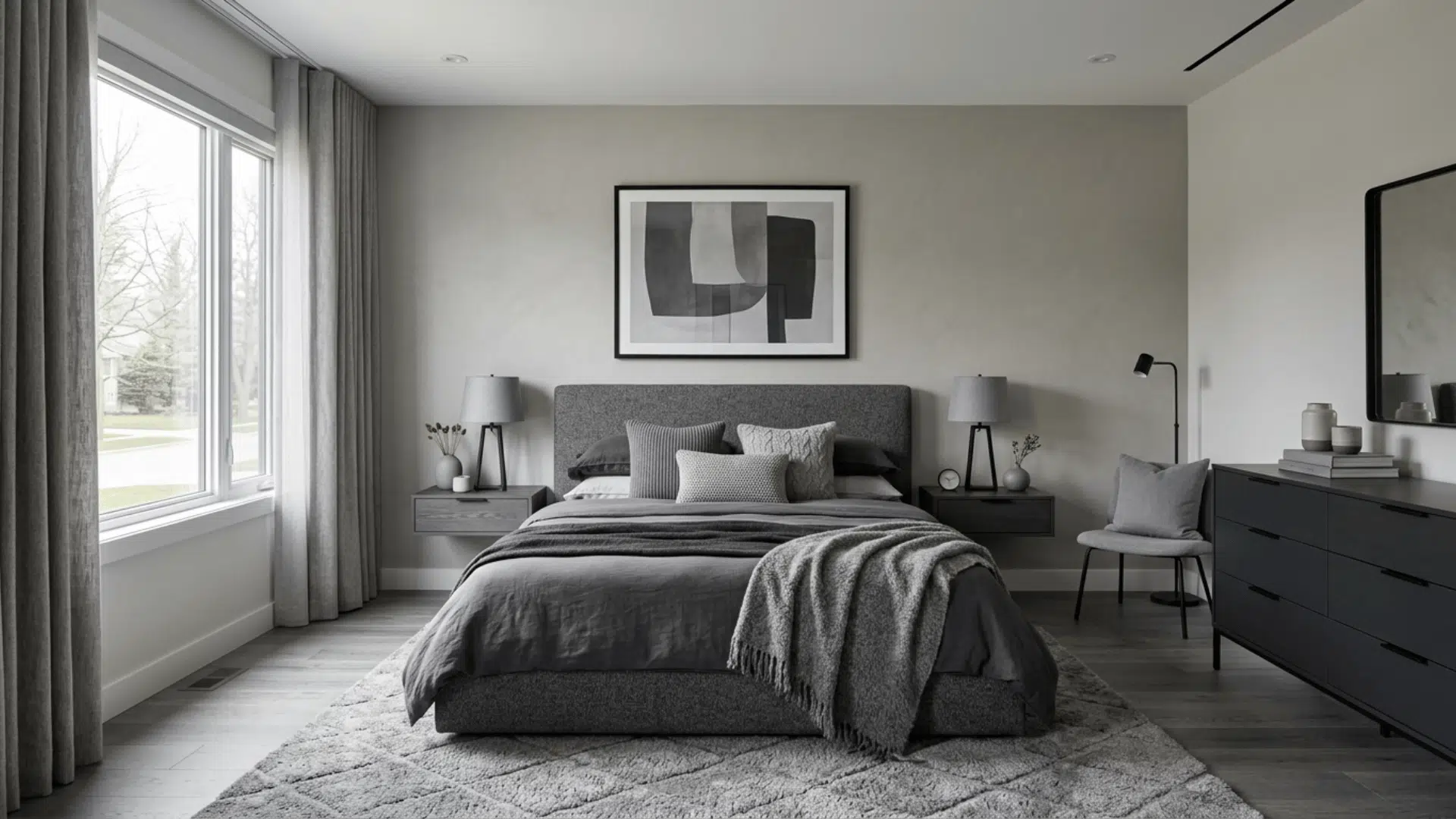 modern gray bedroom with upholstered bed, layered bedding, matching nightstands, soft lighting, and large window bringing in natural light