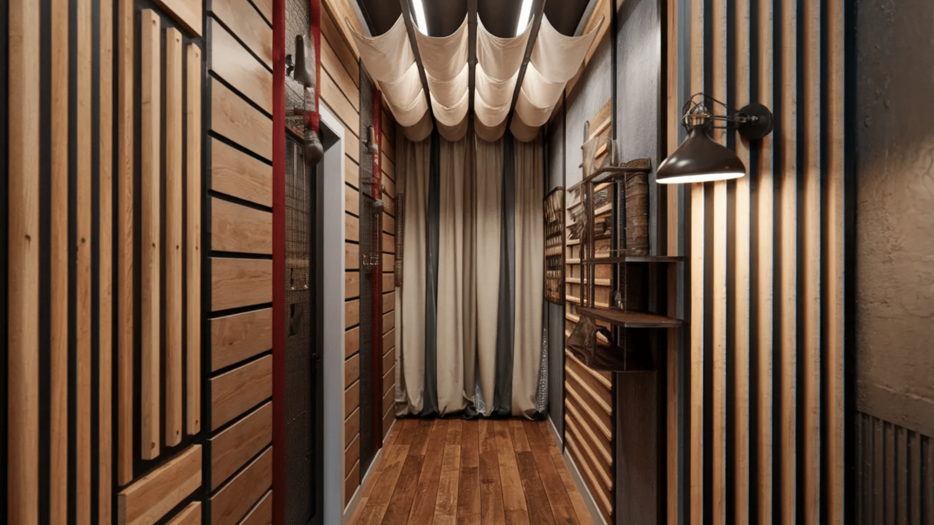modern hallway with wooden slat walls, a curtain, and industrial-style lighting