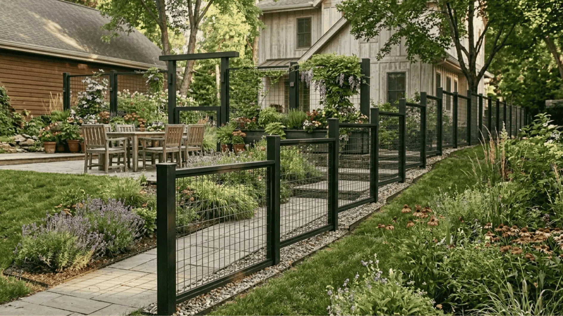 modern hog wire fence in stair step design along landscaped sloped yard