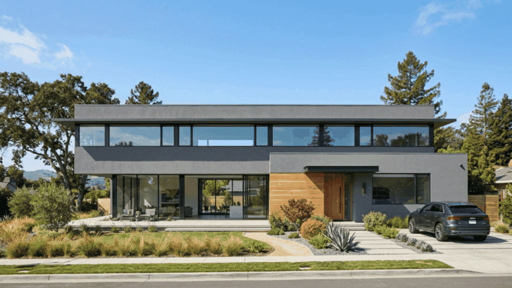 modern home exterior with long horizontal windows that emphasize clean lines while bringing consistent daylight inside