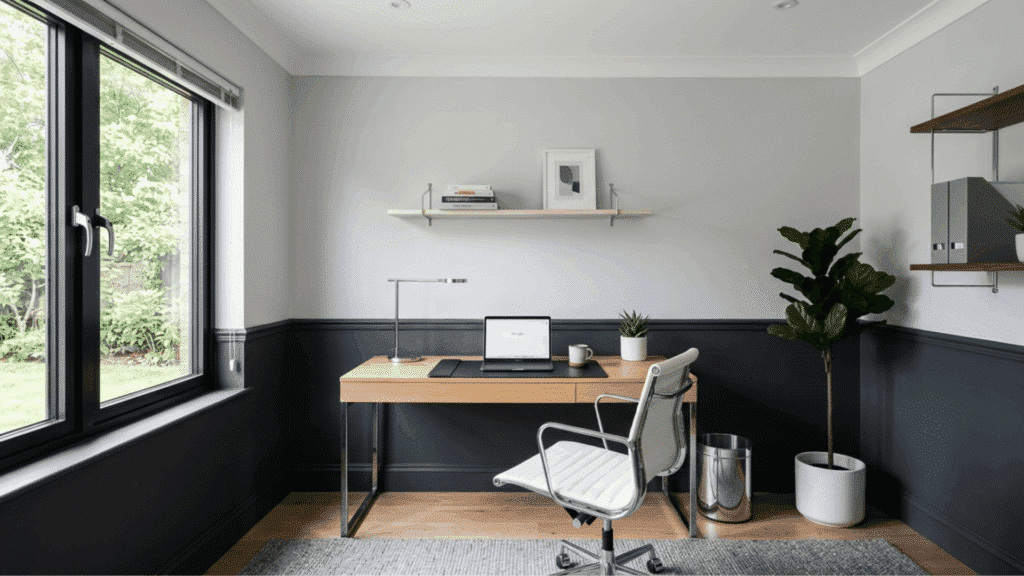 modern home office with light gray upper wall and charcoal lower wall styled with minimal furniture and chrome hardware
