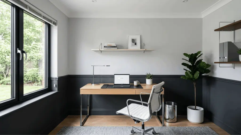 modern home office with light gray upper wall and charcoal lower wall styled with minimal furniture and chrome hardware