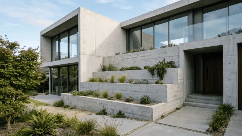 modern home with built-in planter walls that bring greenery into the exterior design and soften architectural lines