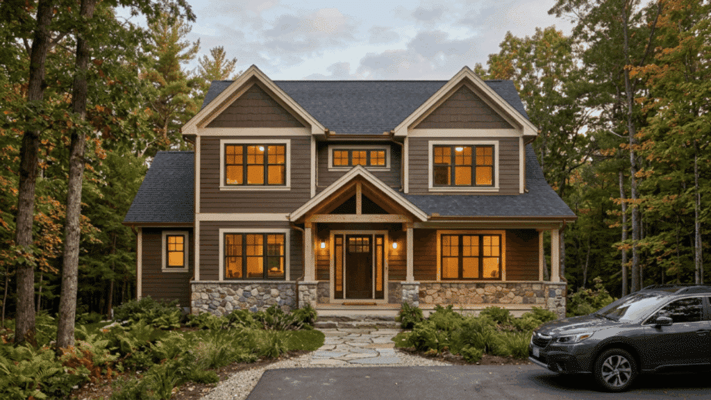 modern home with deep brown siding beige trim stone base forest trees evening natural light