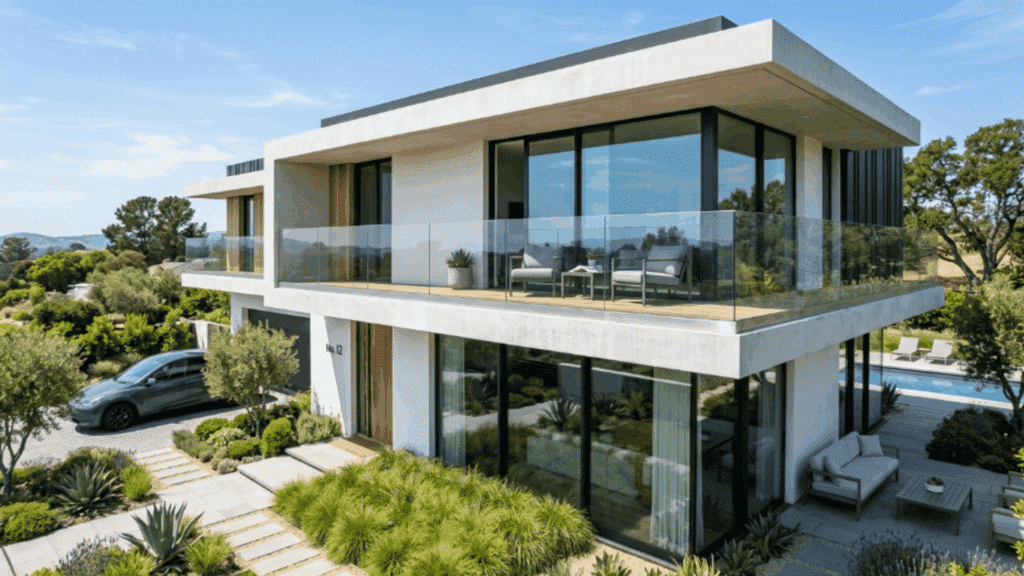 modern home with frameless glass balcony railings that keep the design minimal and allow open views