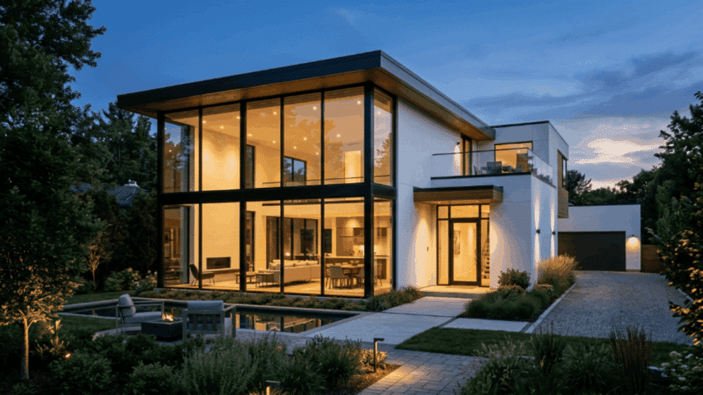 modern home with full glass front facade allowing natural light to fill interior spaces while creating an open contemporary look