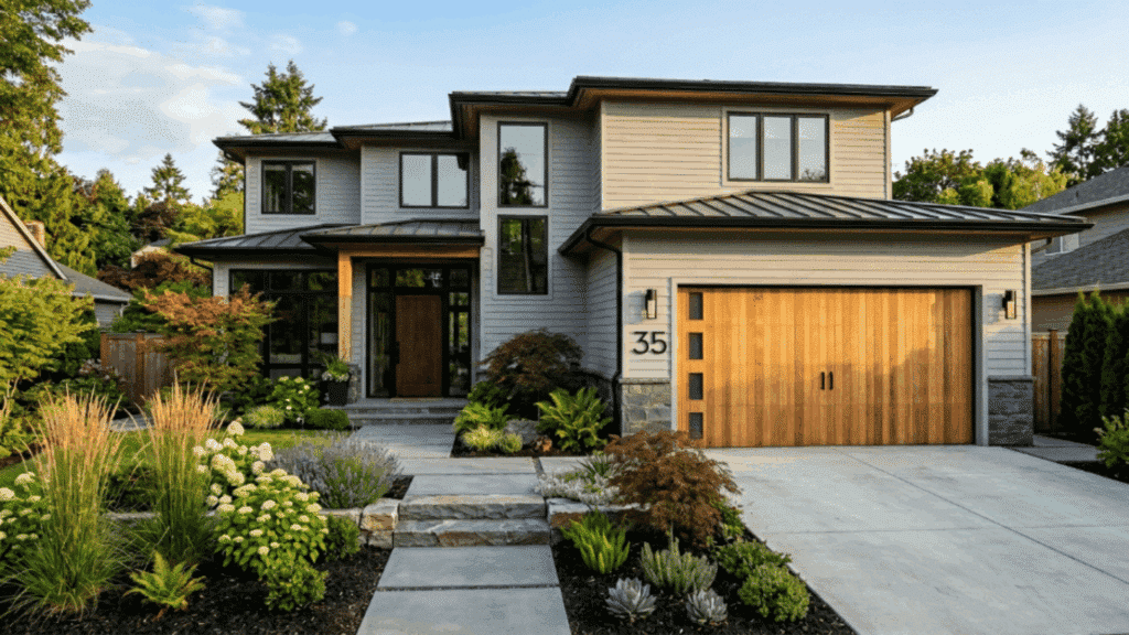 modern home with gray siding natural wood garage door black windows stone pathway bright morning sunlight