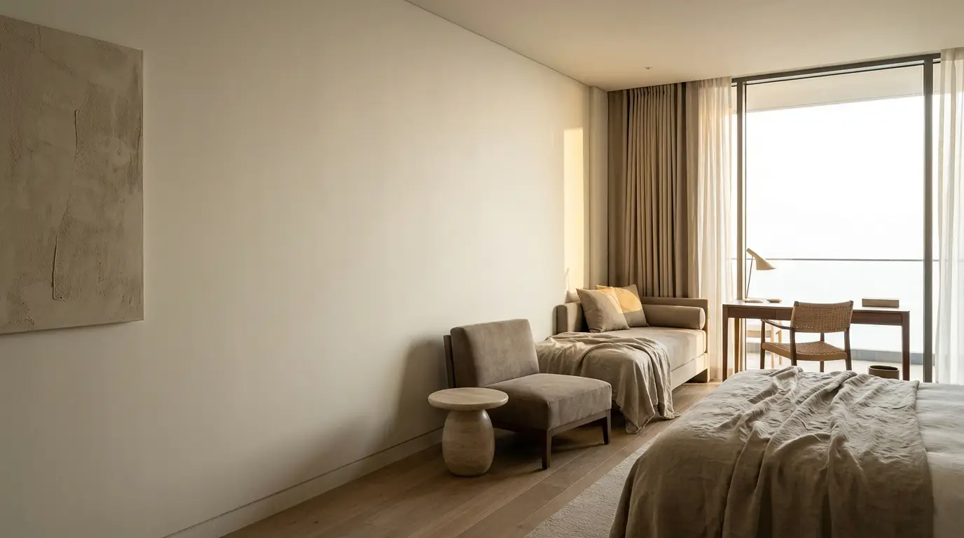 Modern bedroom with neutral decor, soft lighting, and a sea view through large glass doors