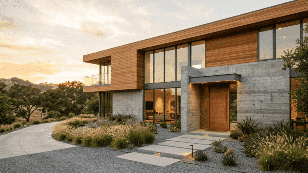 modern house exterior combining warm wood panels with smooth concrete walls for contrast and a balanced contemporary design