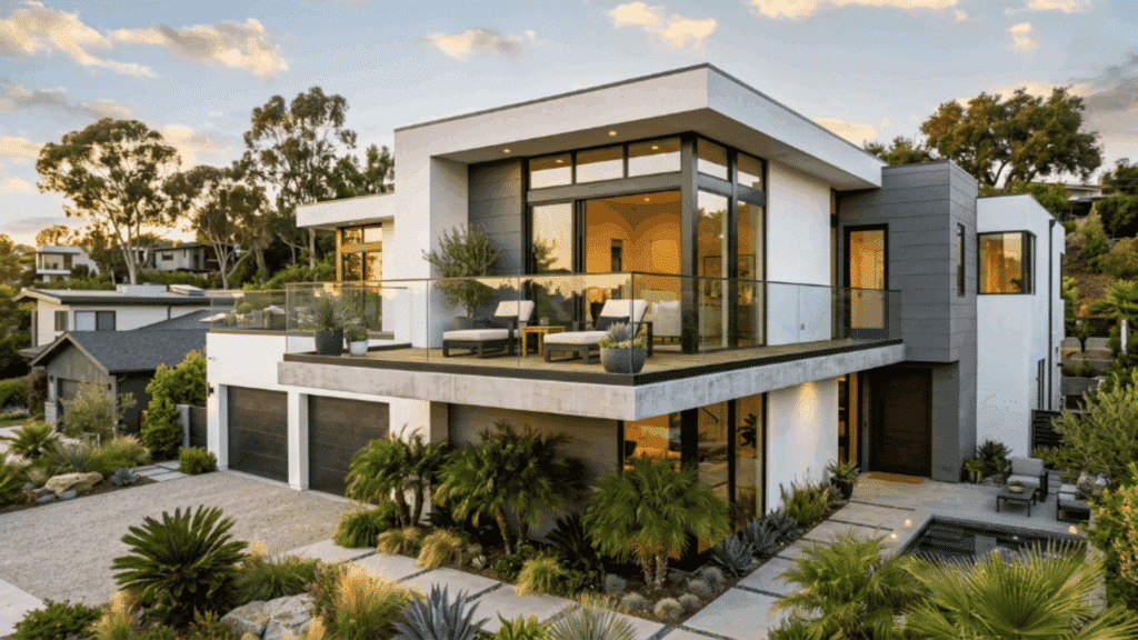 modern house exterior featuring a floating balcony with glass railing that adds depth and architectural interest