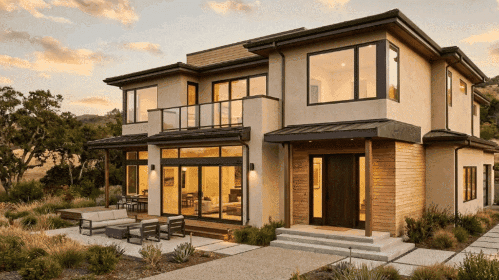 modern house sandy beige walls dark brown trim clay roof warm sunset lighting exterior