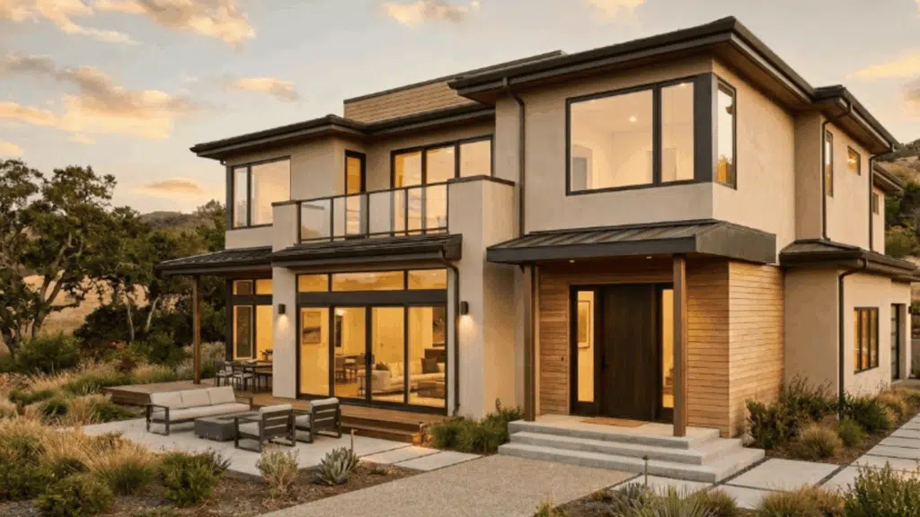 modern house sandy beige walls dark brown trim clay roof warm sunset lighting exterior