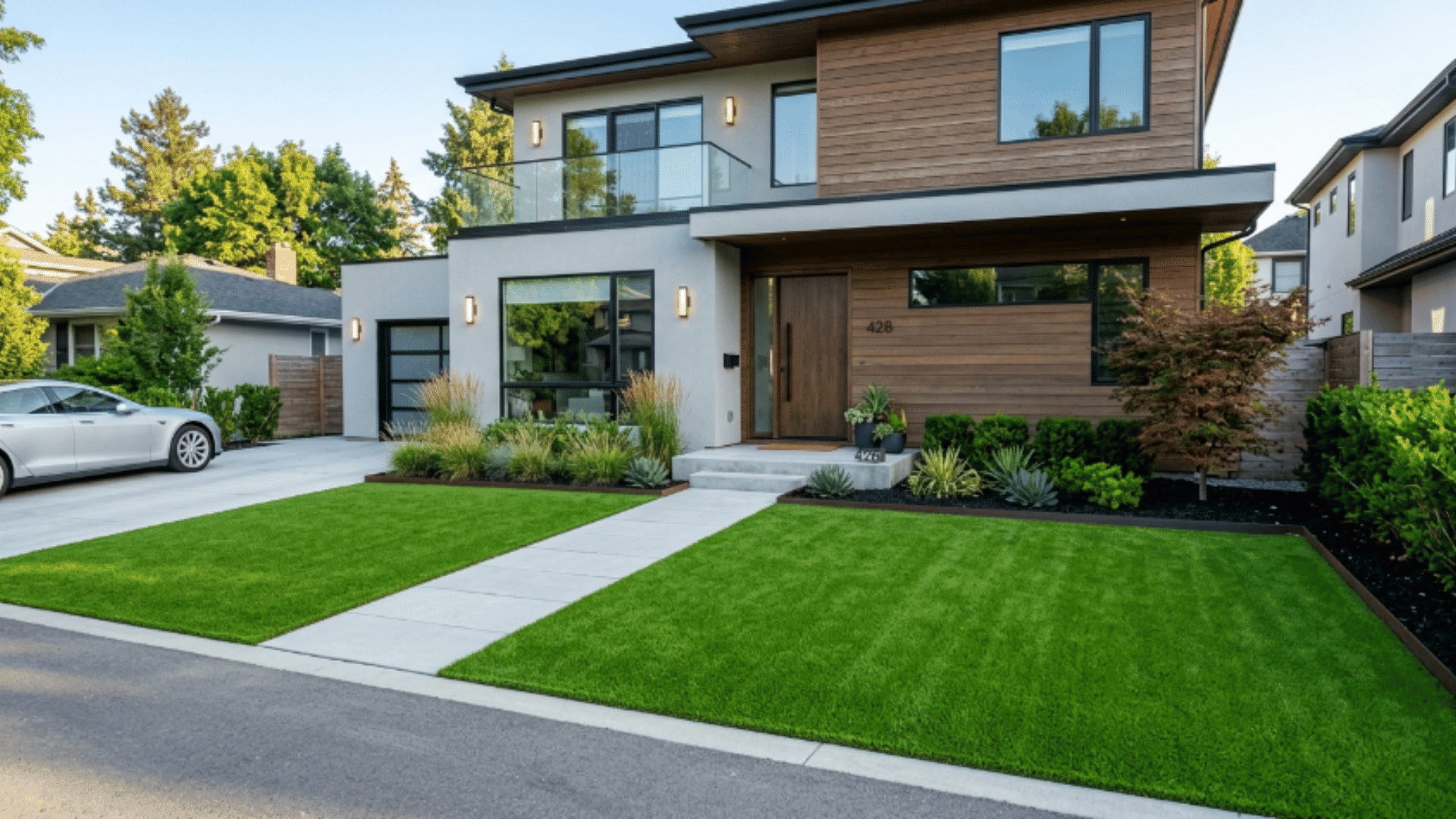 modern house with artificial turf lawn, clean edges, and minimal planting for a neat and low-maintenance front yard
