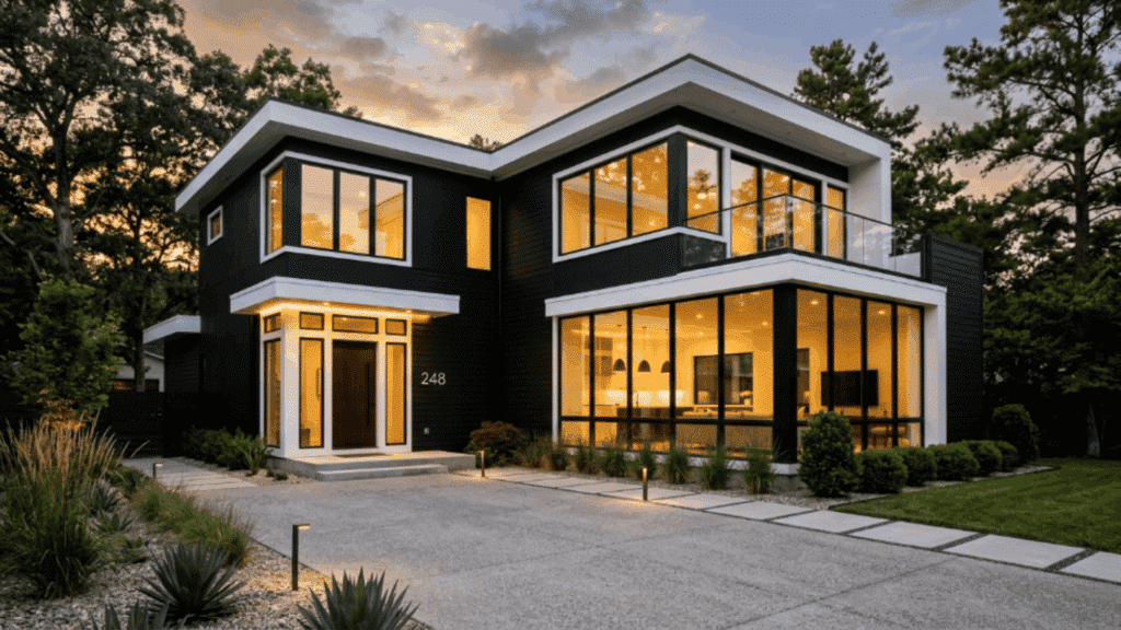 modern house with black siding white trim large windows minimalist garden driveway golden evening sunlight
