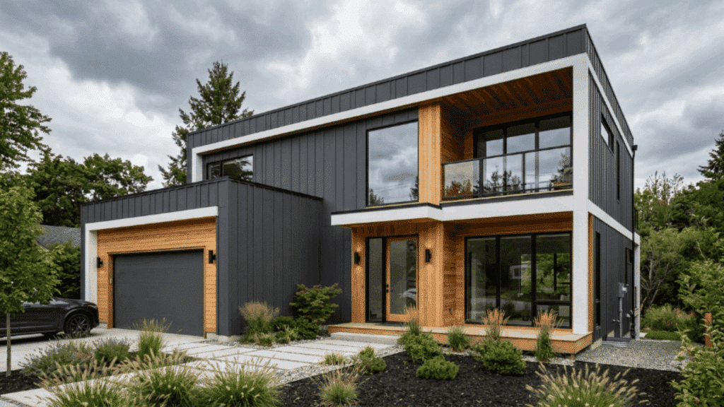 modern house with dark gray siding natural wood panels white trim minimalist garden cloudy daylight