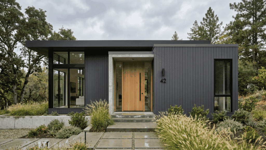 modern house with iron ore charcoal siding natural wood front door black windows minimalist landscaping cloudy daylight