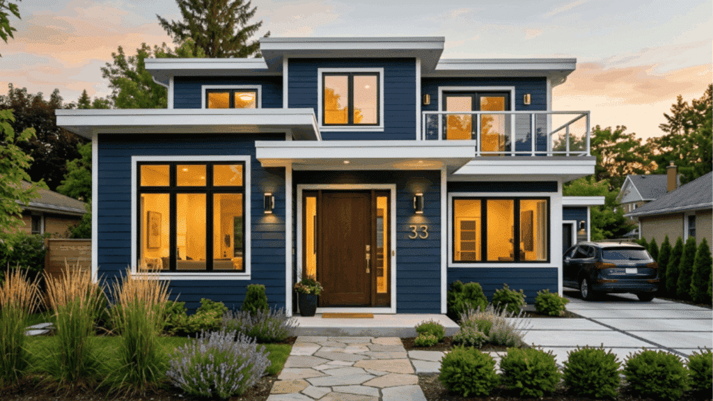 modern house with navy blue siding brass door hardware white trim landscaped garden evening light