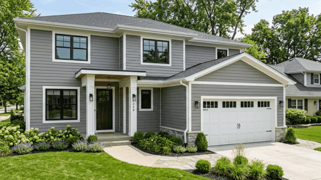 modern house with newly installed fiber cement siding and white trim improving curb appeal and weather protection